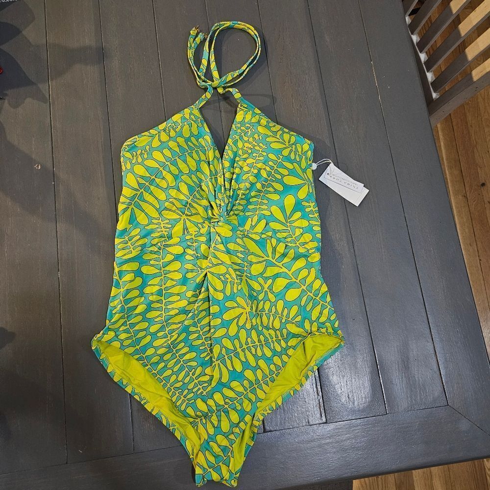 Trina Turk Women’s 10 Lime Green Trellis Plunge scrunch back One Piece Size 10